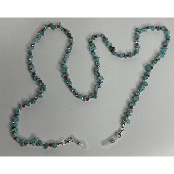 Eyeglass Chain 32" Turquoise Chips 4MM Red Glass Bicone Beads Handmade - Picture 7 of 7